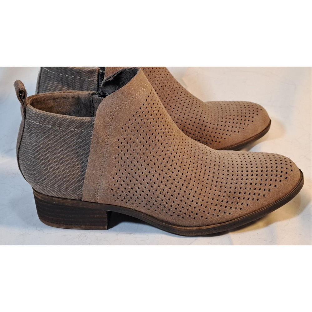 TOMS Deia Taupe Perforated Suede Canvas Ankle Booties Womens 7.5 Zip Block Heel - Picture 7 of 12